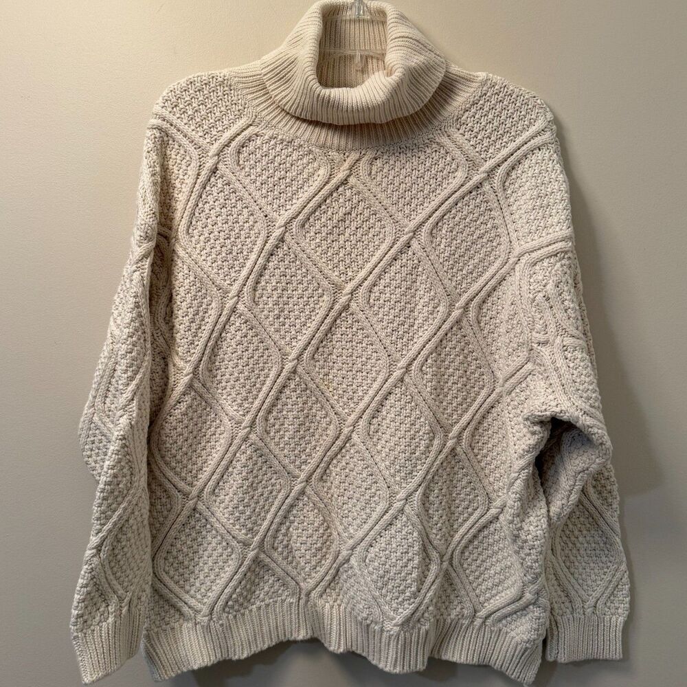 Carbon2Cobalt Women’s Marquee Cable Knit Sweater Oatmeal Cream 100% Cotton Large